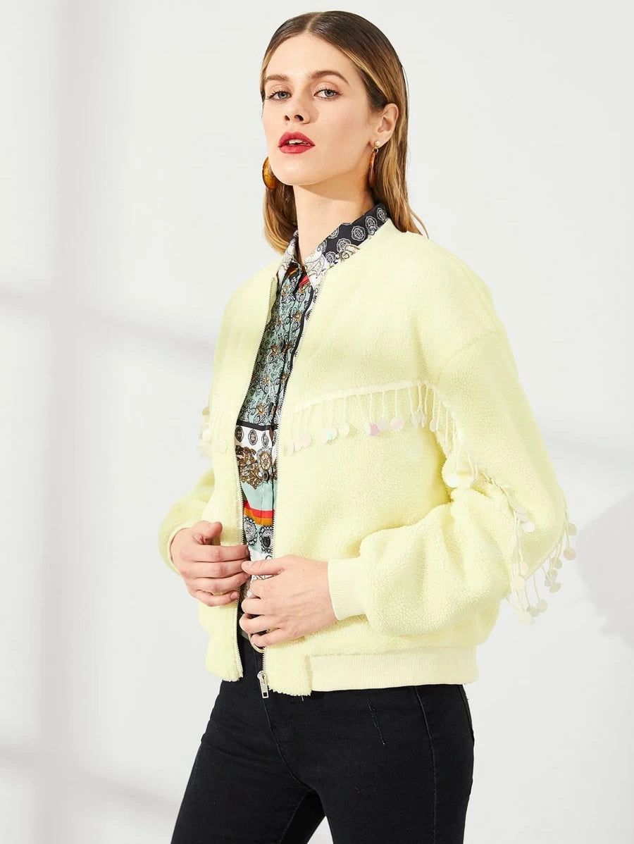 Sequin Detail Fuzzy Coat Periwinkley Shop