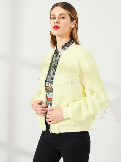 Sequin Detail Fuzzy Coat Periwinkley Shop