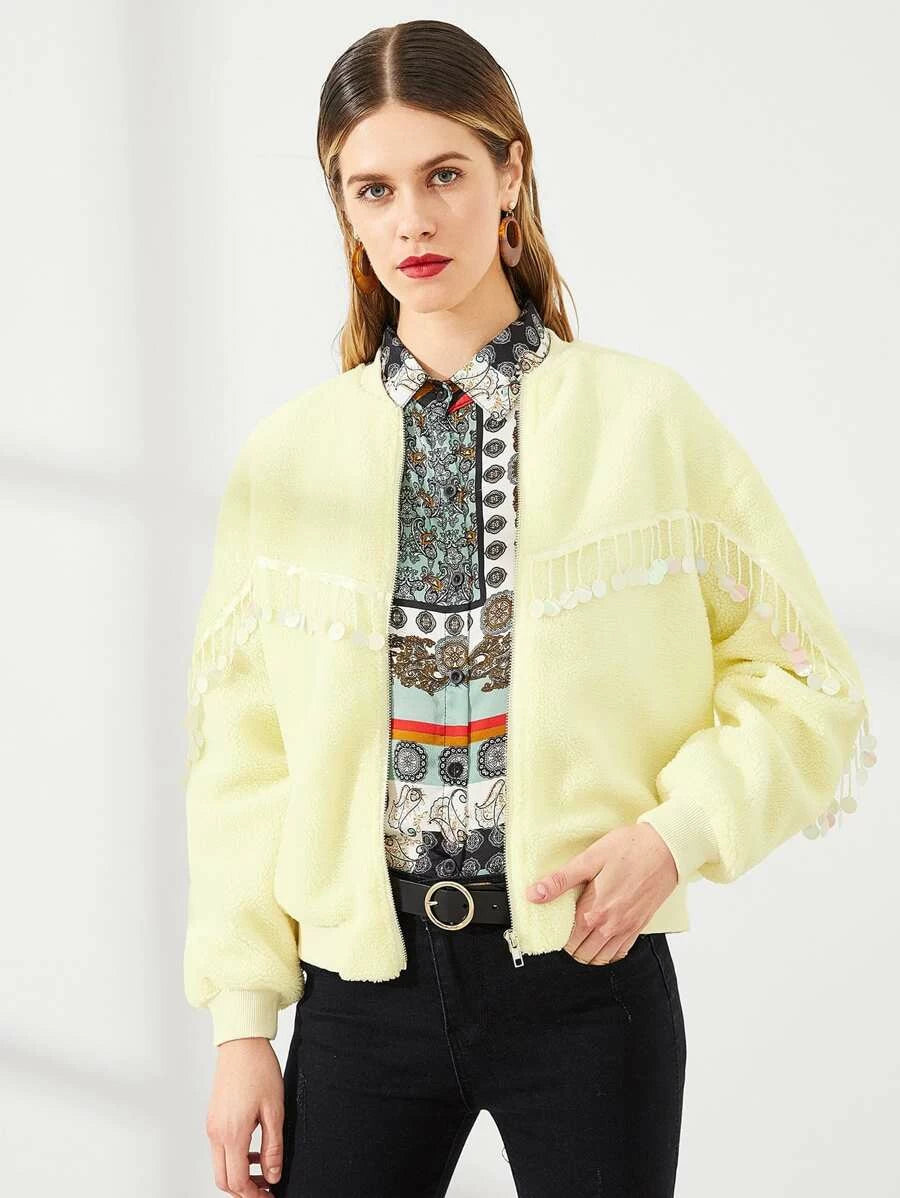 Sequin Detail Fuzzy Coat Periwinkley Shop