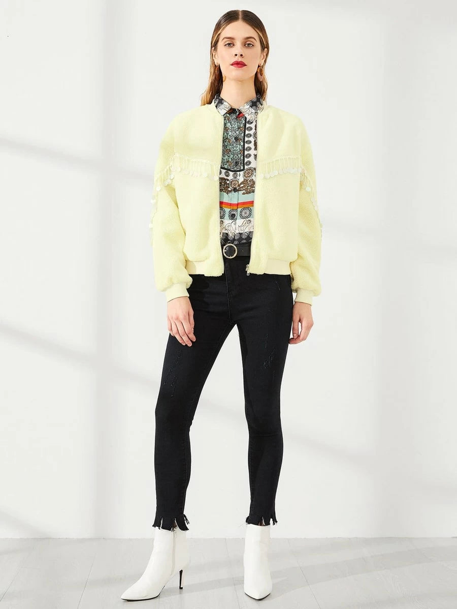 Sequin Detail Fuzzy Coat Periwinkley Shop