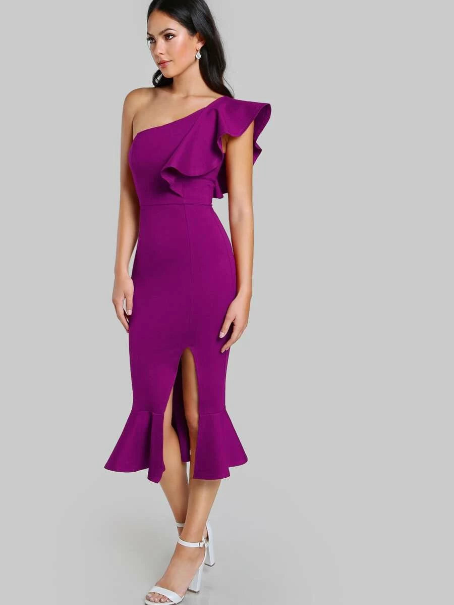 One Shoulder Slit Pep Hem Dress Periwinkley Shop