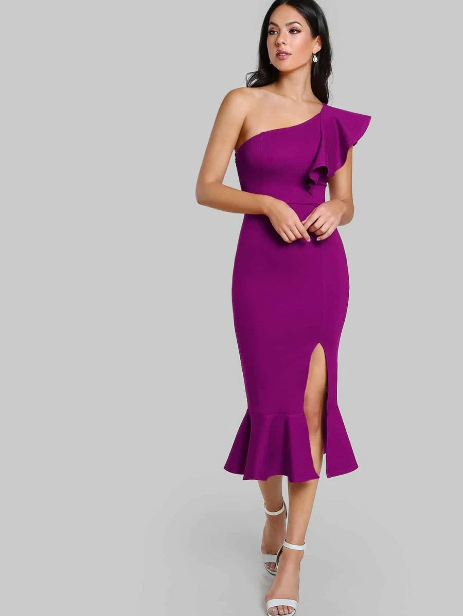 One Shoulder Slit Pep Hem Dress Periwinkley Shop