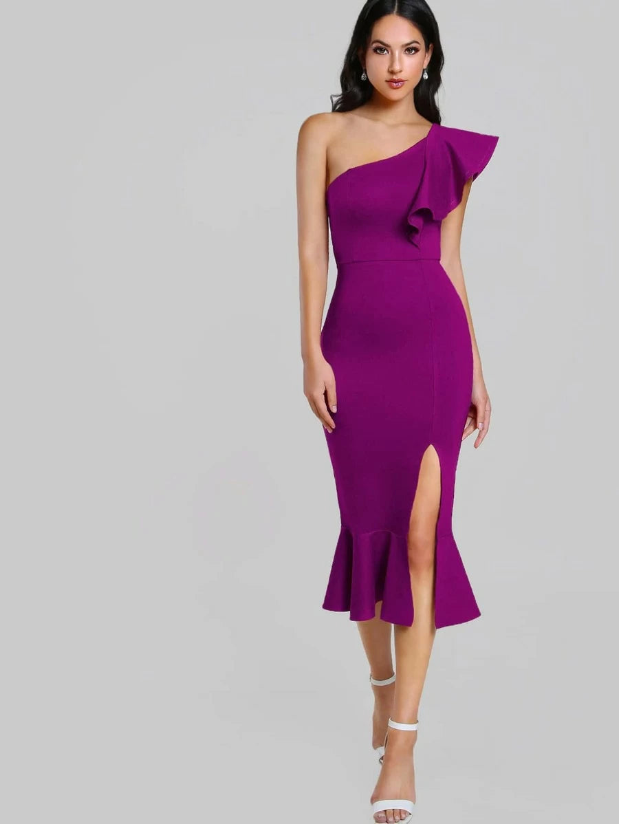 One Shoulder Slit Pep Hem Dress Periwinkley Shop