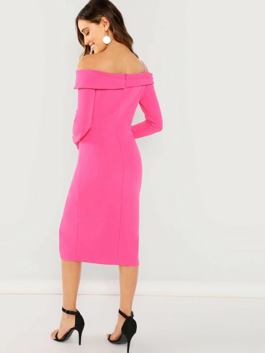 Neon Pink Foldover Detail Cold Shoulder Split Dress Periwinkley Shop