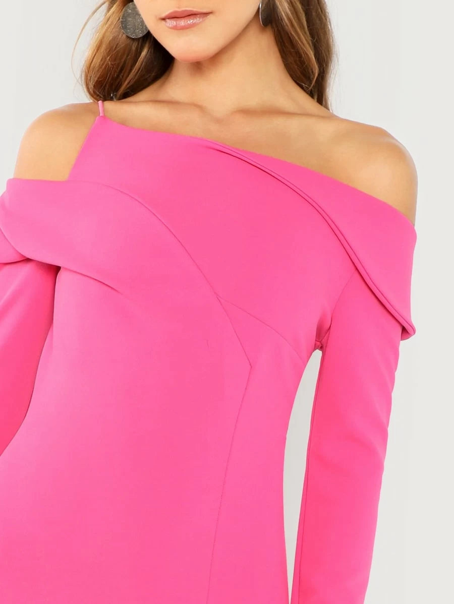 Neon Pink Foldover Detail Cold Shoulder Split Dress Periwinkley Shop