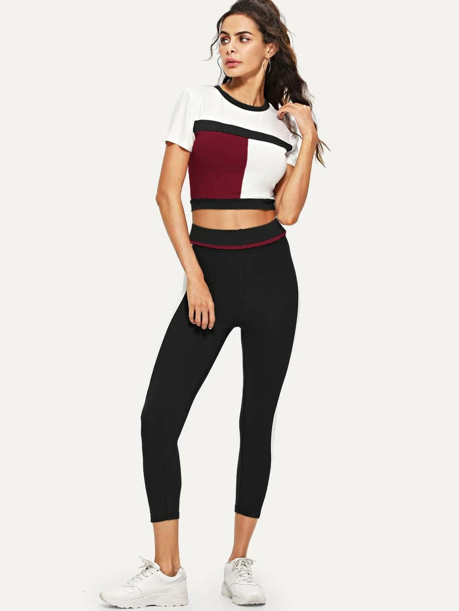 Color Block Crop Tee & Leggings Set Periwinkley Shop