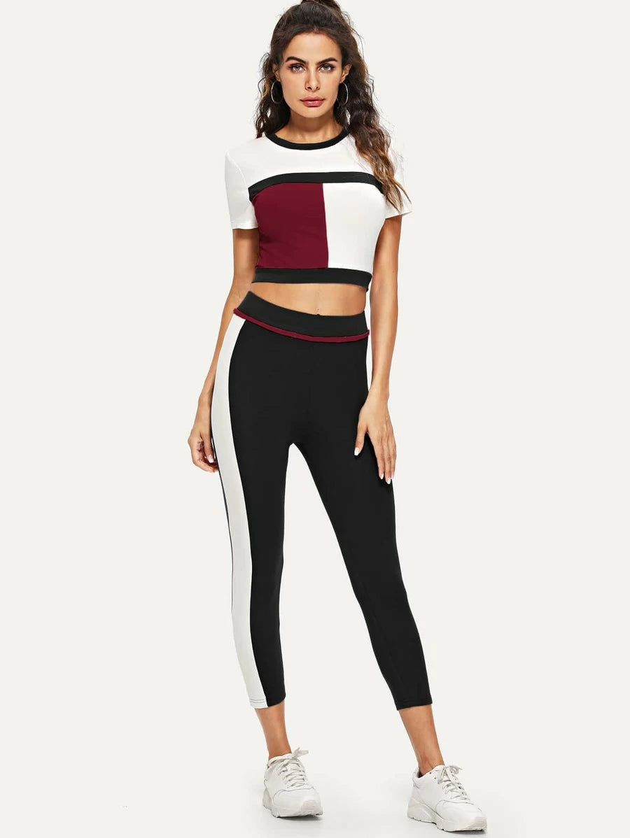 Color Block Crop Tee & Leggings Set Periwinkley Shop