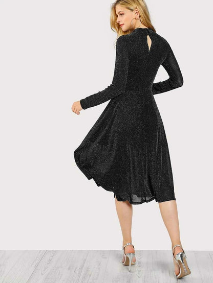 Button Keyhole Mock-neck Glitter Flowy Dress Periwinkley Shop