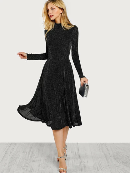 Button Keyhole Mock-neck Glitter Flowy Dress Periwinkley Shop