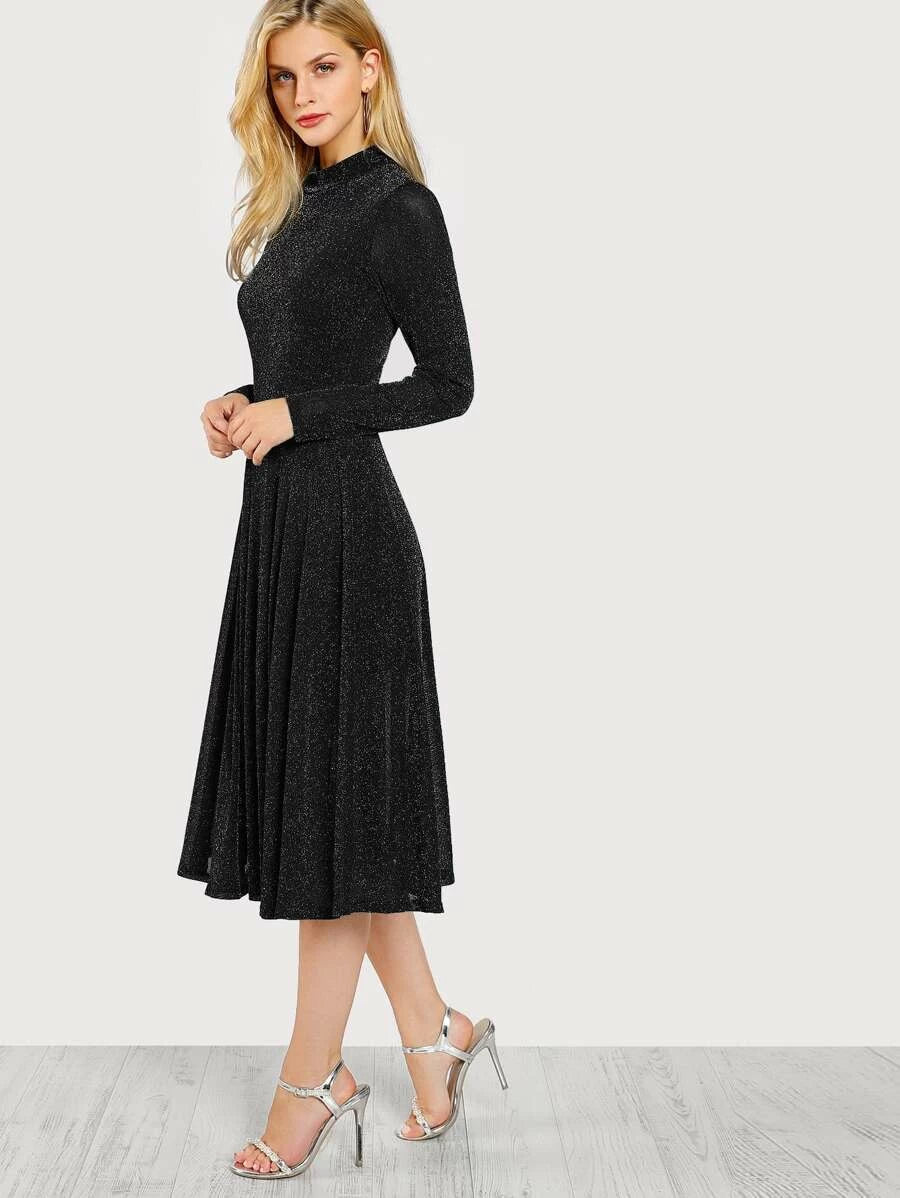 Button Keyhole Mock-neck Glitter Flowy Dress Periwinkley Shop