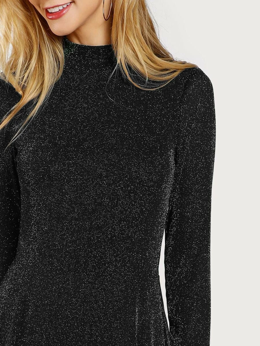 Button Keyhole Mock-neck Glitter Flowy Dress Periwinkley Shop