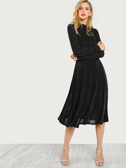 Button Keyhole Mock-neck Glitter Flowy Dress Periwinkley Shop