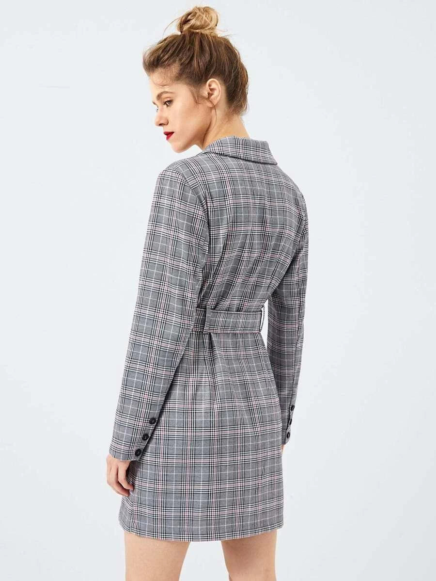 Waist Belted Double Button Plaid Dress Periwinkley Shop