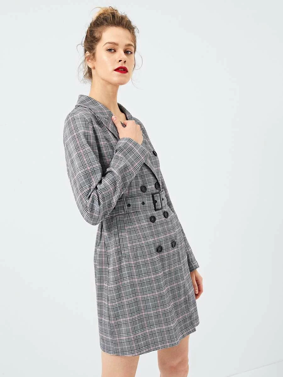 Waist Belted Double Button Plaid Dress Periwinkley Shop