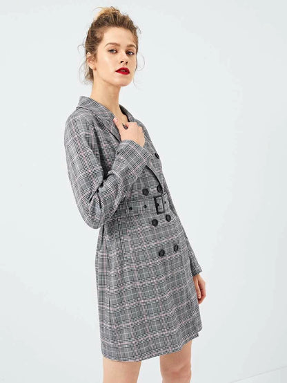 Waist Belted Double Button Plaid Dress Periwinkley Shop