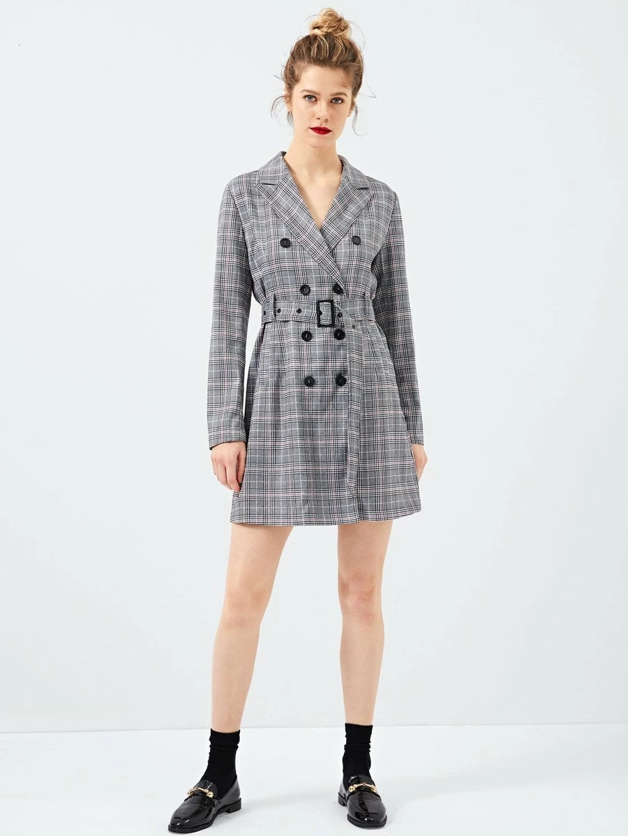 Waist Belted Double Button Plaid Dress Periwinkley Shop