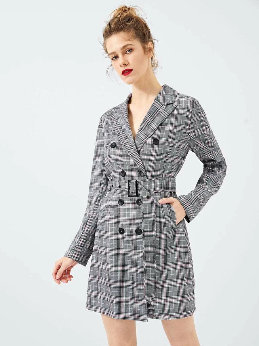 Waist Belted Double Button Plaid Dress Periwinkley Shop
