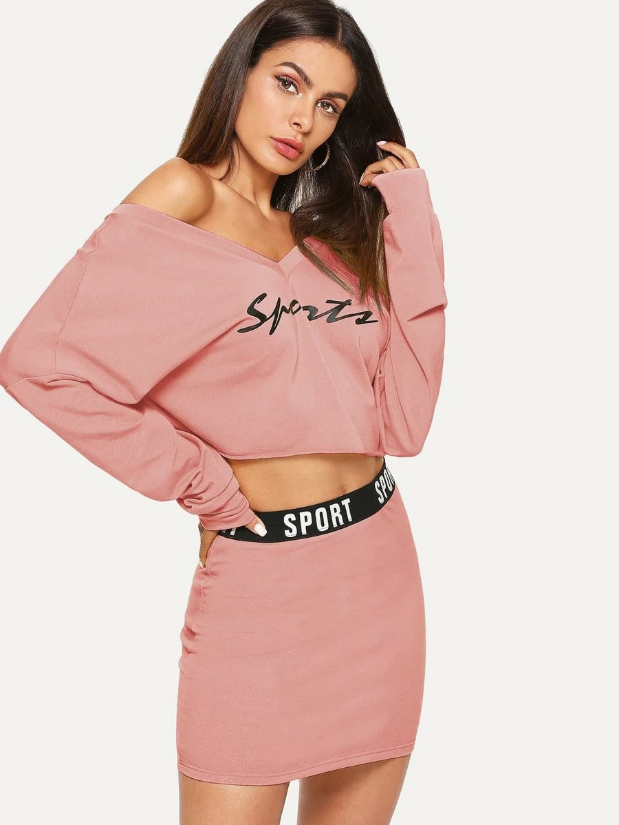 Letter Print V Neck Top & Skinny Skirt Set Periwinkley Shop