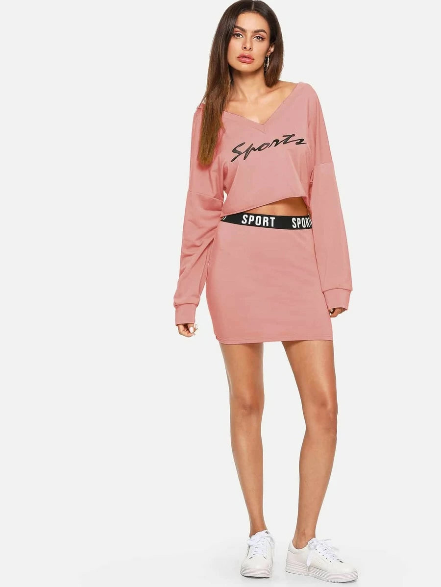 Letter Print V Neck Top & Skinny Skirt Set Periwinkley Shop