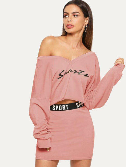 Letter Print V Neck Top & Skinny Skirt Set Periwinkley Shop