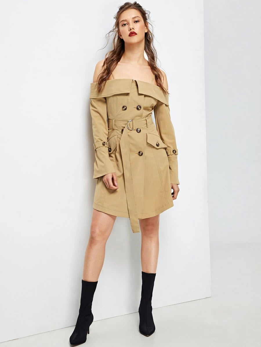 Off Shoulder Foldover Front Belted Coat Periwinkley Shop