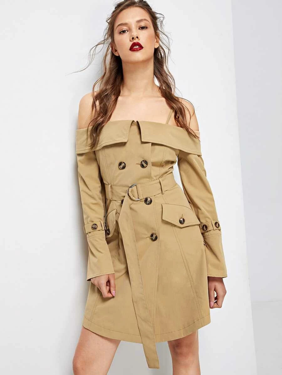 Off Shoulder Foldover Front Belted Coat Periwinkley Shop