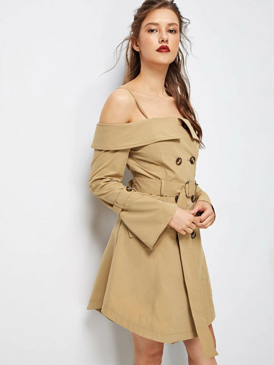 Off Shoulder Foldover Front Belted Coat Periwinkley Shop