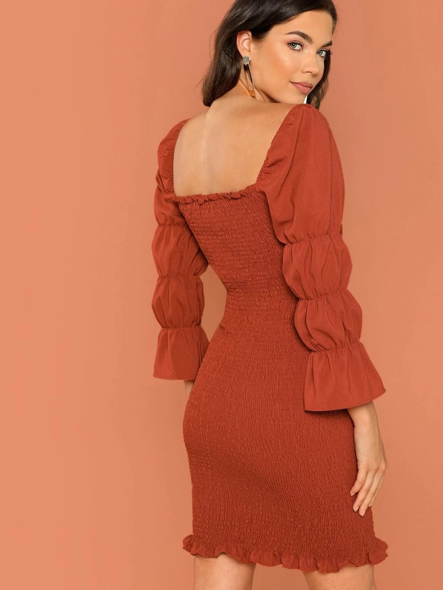 Gathered Sleeve Frill Trim Shirred Dress Periwinkley Shop