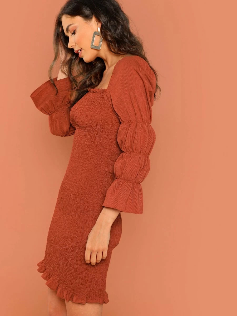 Gathered Sleeve Frill Trim Shirred Dress Periwinkley Shop