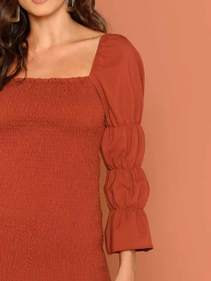 Gathered Sleeve Frill Trim Shirred Dress Periwinkley Shop