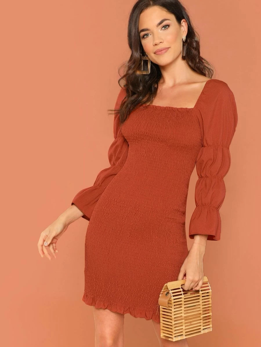 Gathered Sleeve Frill Trim Shirred Dress Periwinkley Shop