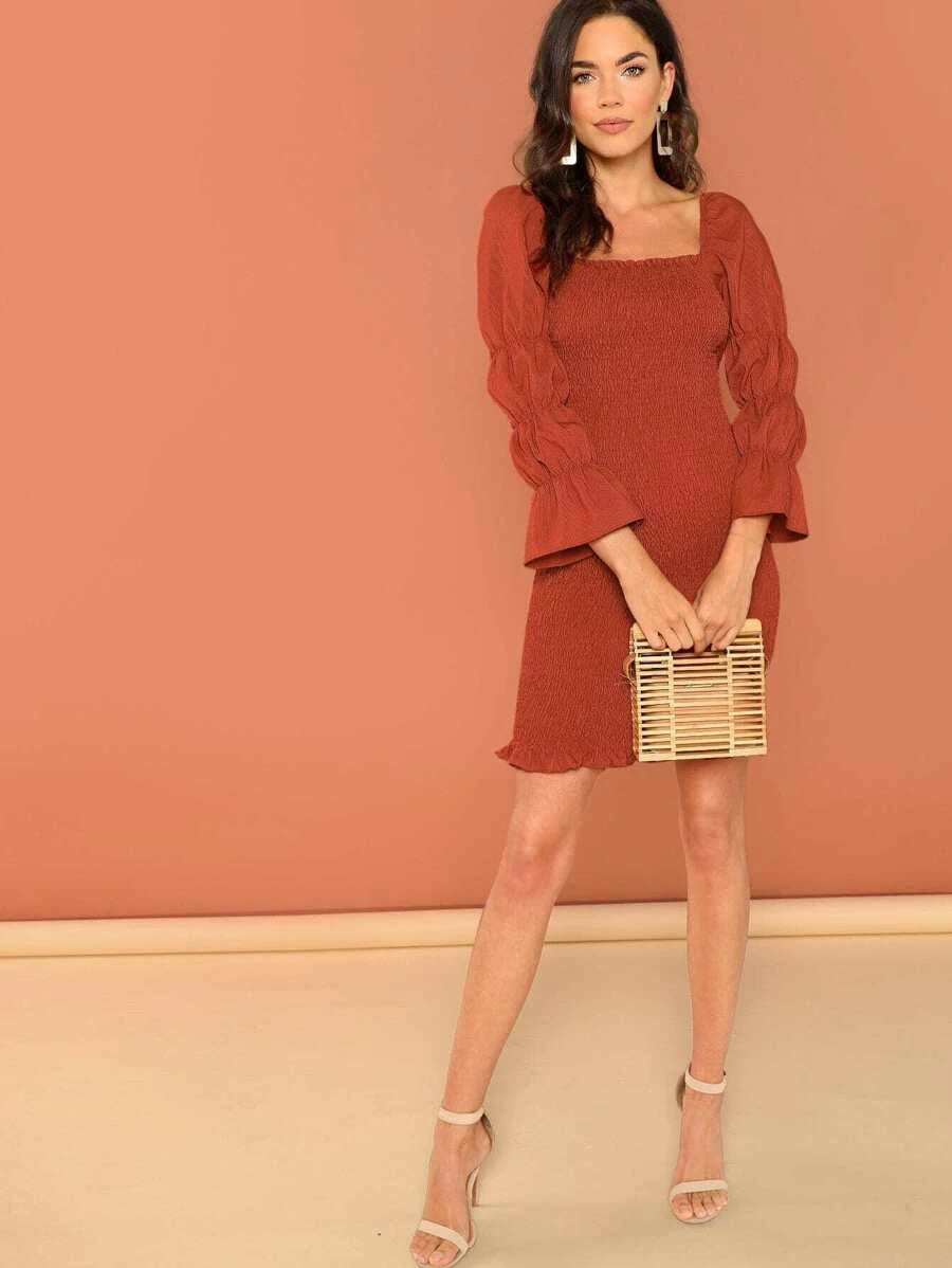 Gathered Sleeve Frill Trim Shirred Dress Periwinkley Shop