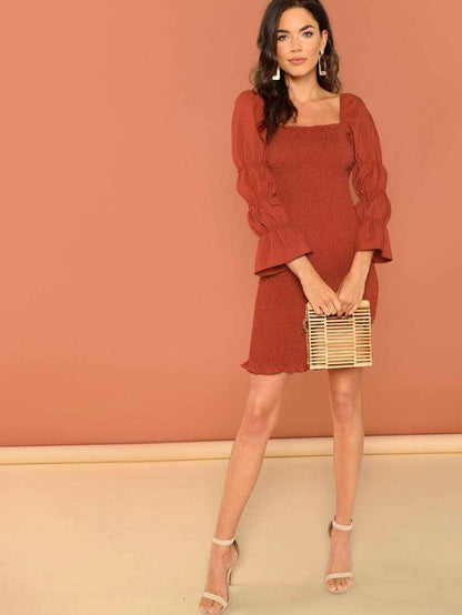 Gathered Sleeve Frill Trim Shirred Dress Periwinkley Shop