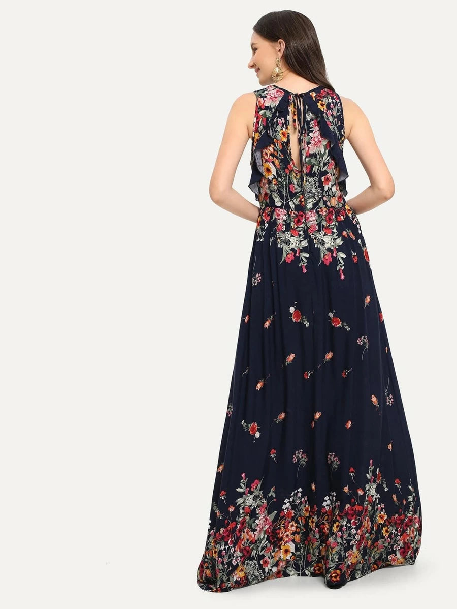 Knot Back Ruffle Trim Botanical Maxi Dress Periwinkley Shop