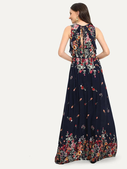 Knot Back Ruffle Trim Botanical Maxi Dress Periwinkley Shop