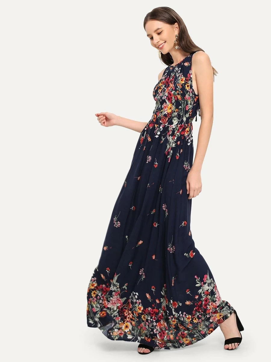 Knot Back Ruffle Trim Botanical Maxi Dress Periwinkley Shop