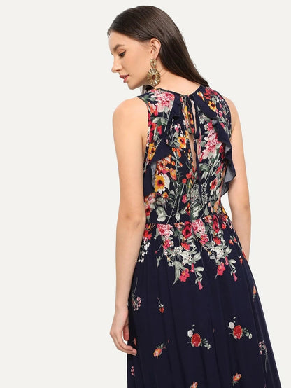 Knot Back Ruffle Trim Botanical Maxi Dress Periwinkley Shop
