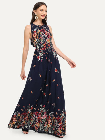 Knot Back Ruffle Trim Botanical Maxi Dress Periwinkley Shop