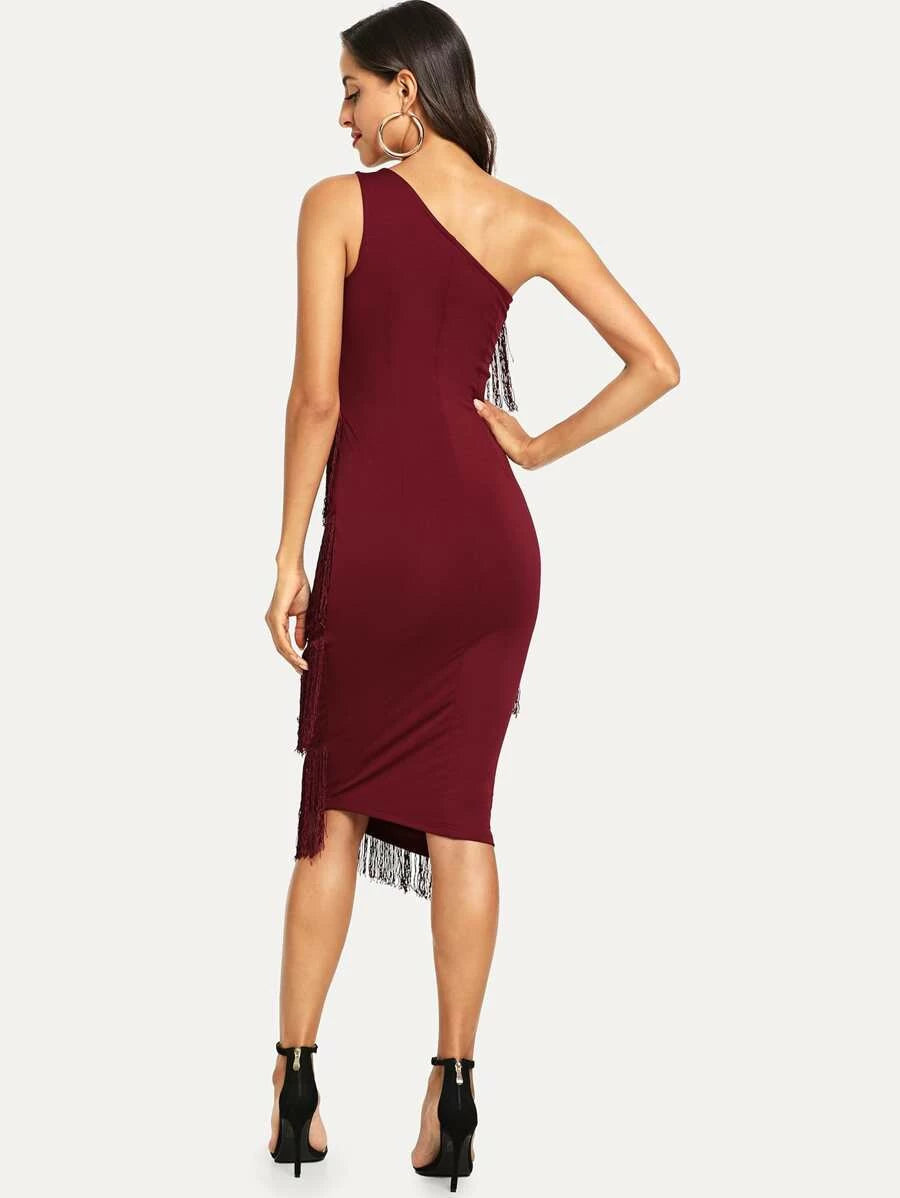 One Shoulder Tiered Fringe Bodycon Dress Periwinkley Shop