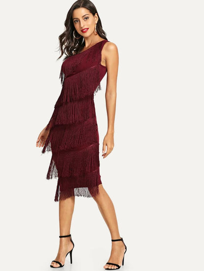 One Shoulder Tiered Fringe Bodycon Dress Periwinkley Shop