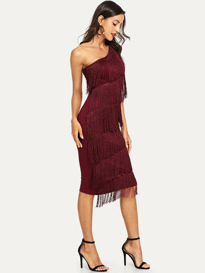 One Shoulder Tiered Fringe Bodycon Dress Periwinkley Shop