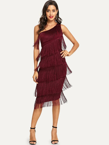One Shoulder Tiered Fringe Bodycon Dress Periwinkley Shop