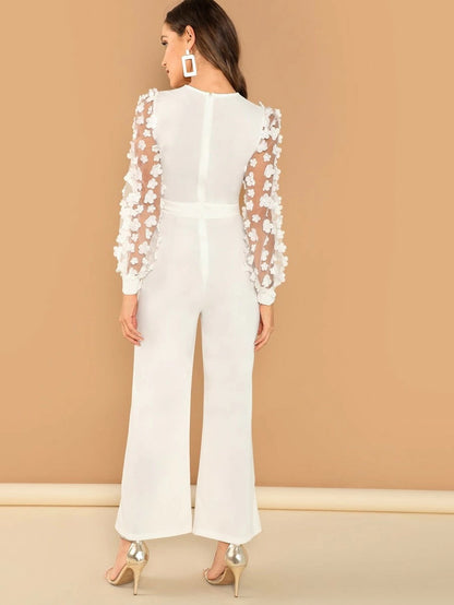 3D Applique Sheer Sleeve Keyhole Front Jumpsuit Periwinkley Shop