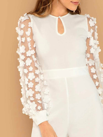 3D Applique Sheer Sleeve Keyhole Front Jumpsuit Periwinkley Shop