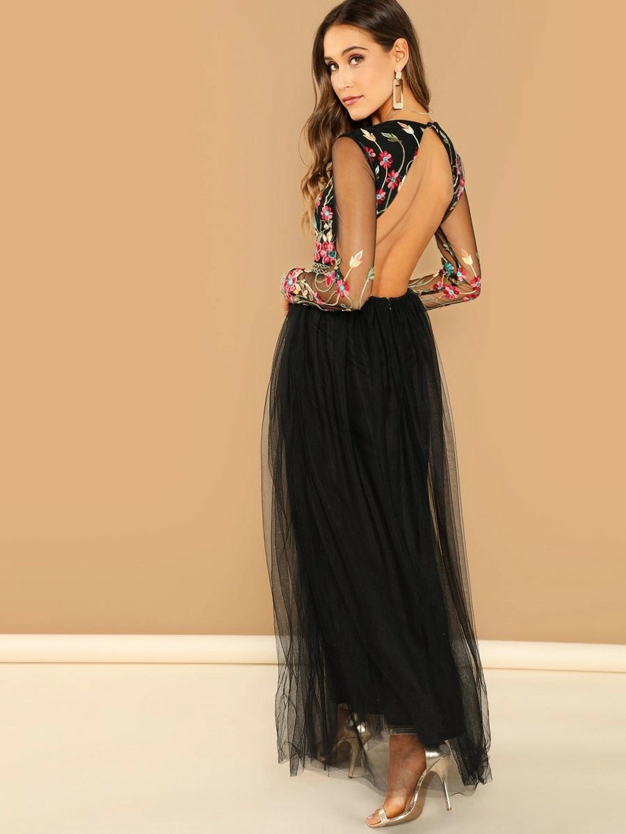 Floral Embroidered Open Back Tulle Dress Periwinkley Shop