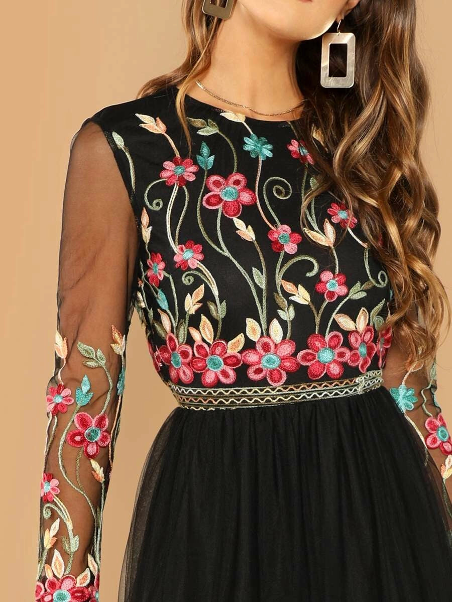 Floral Embroidered Open Back Tulle Dress Periwinkley Shop