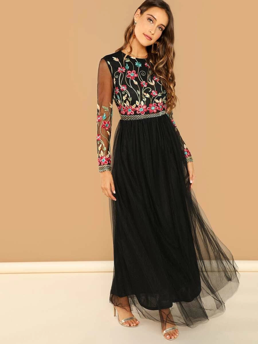 Floral Embroidered Open Back Tulle Dress Periwinkley Shop