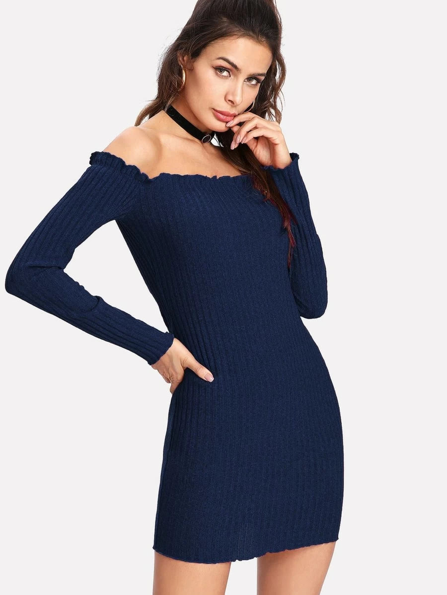 Lettuce Edge Ribbed Bardot Dress Periwinkley Shop