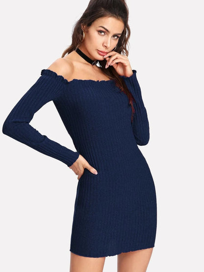 Lettuce Edge Ribbed Bardot Dress Periwinkley Shop