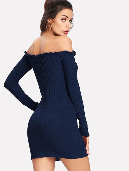Lettuce Edge Ribbed Bardot Dress Periwinkley Shop
